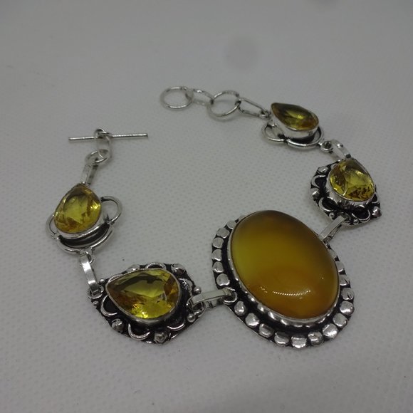 Natural "YELLOW ONYX & CITRINE" Handmade Sterling Bracelet Size 7 #259 - Picture 3 of 3